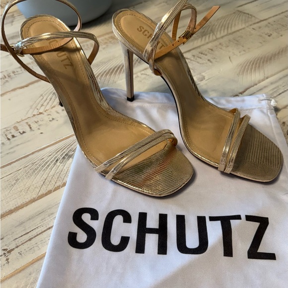 SCHUTZ Altina Metallic Embossed Leather Strappy Stiletto Sandals Gold sz10 - Picture 2 of 16